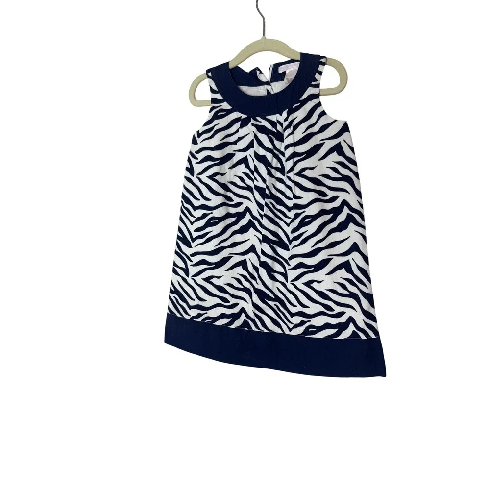 Janie And Jack Dress Girls 4 White Navy Zebra‎ Print Sleeveless Shift Lined